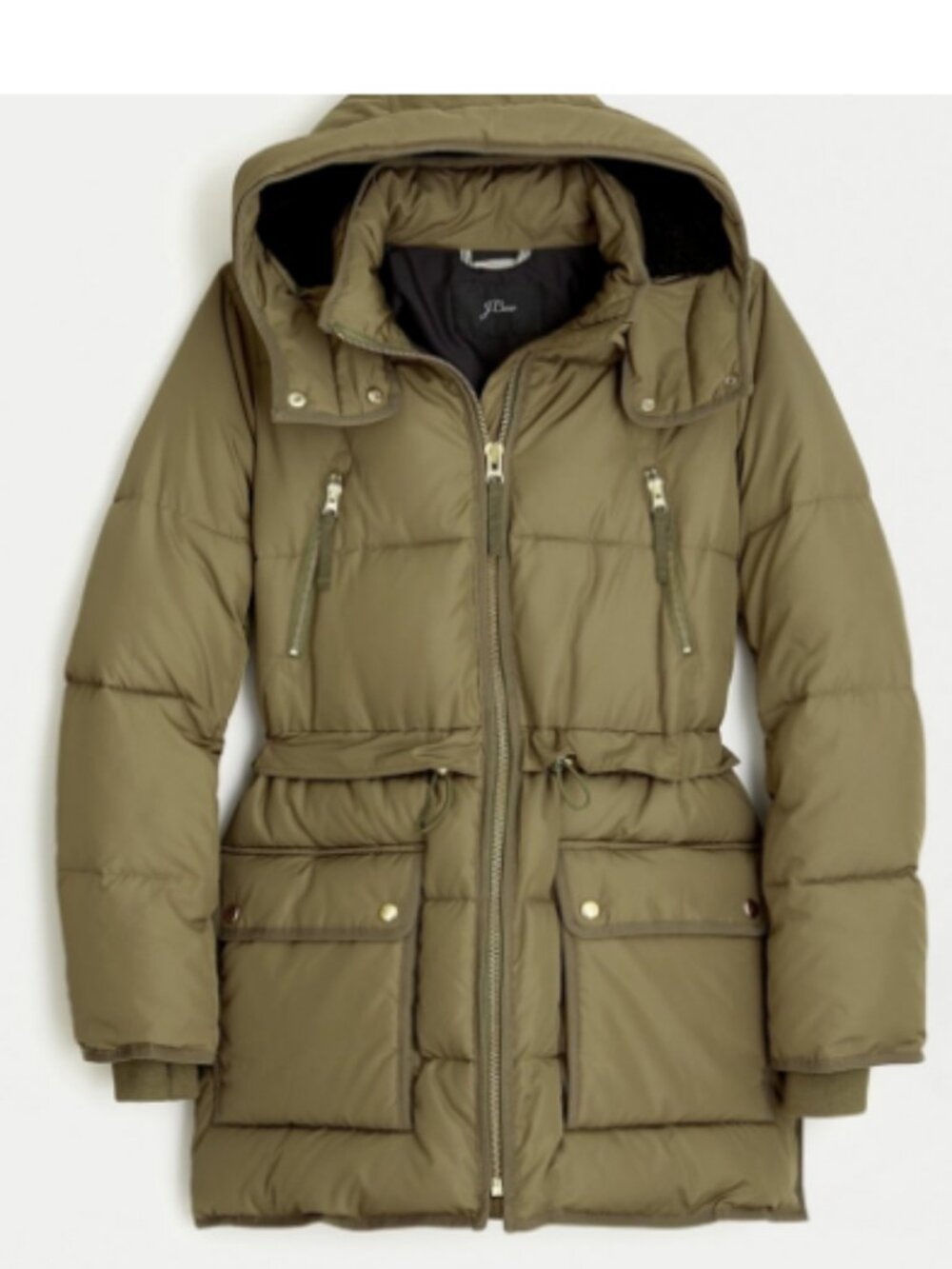 J.CREW Chateau Puffer Jacket With PrimaLoft Olive Green L Preppy Parka Coat Ski